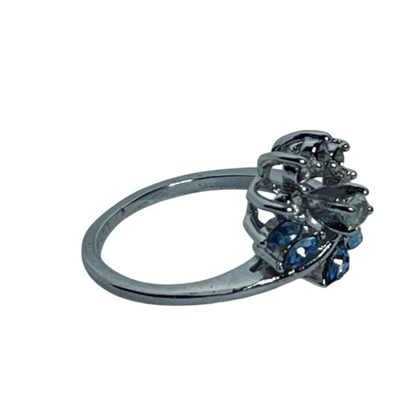 Vintage Silver Tone With Blue and Clear Rhinestone Statement Ring (R386) - Picture 7 of 7